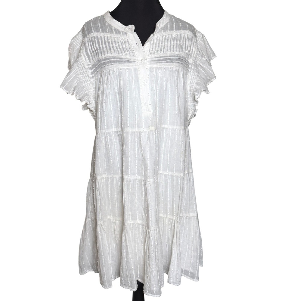 Good Hart XS White‎ Tiered Cotton Dobby Mini Dress with Flutter Sleeves Boho